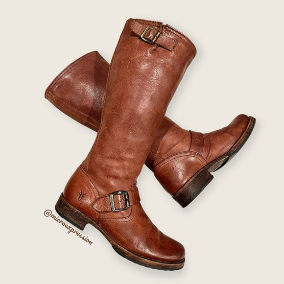 $399 Frye Veronica Slouch Cognac Brown Real Leather Engineer Knee/Calf High Boot - Picture 7 of 15